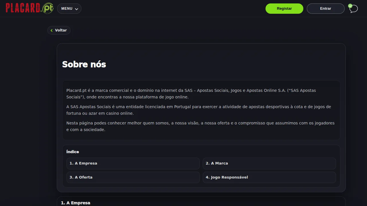 Página «Sobre nós» da Placard.pt, marca comercial da SAS Apostas Sociais, Jogos e Apostas Online