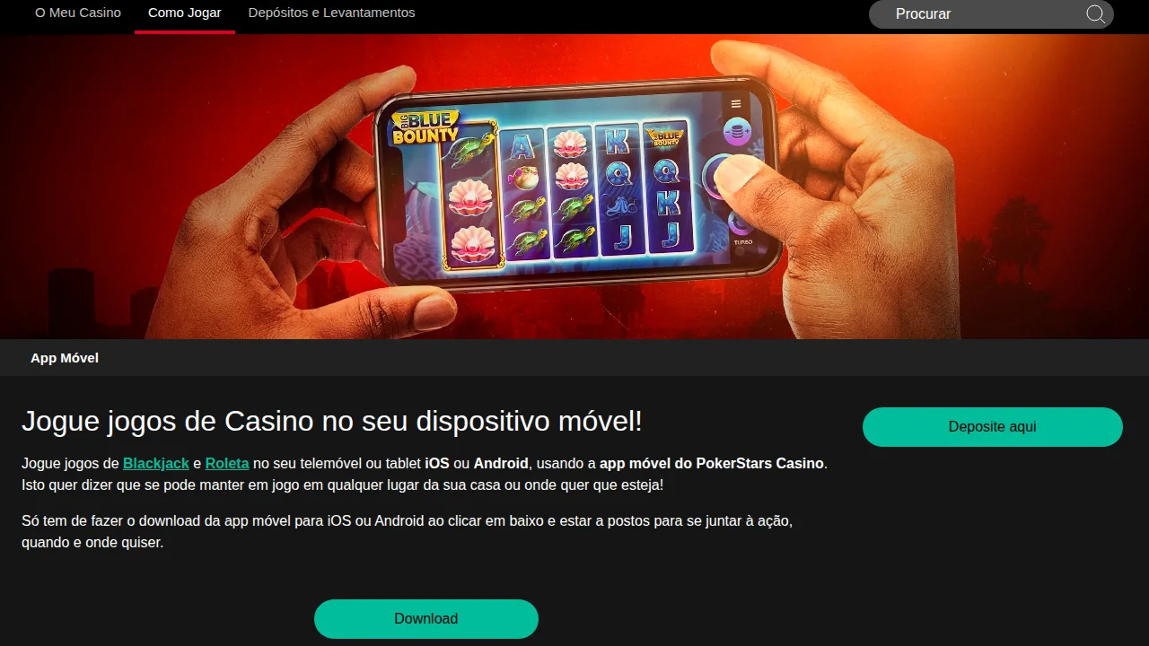 Página App Móvel da PokerStars com o botão de download para iOS e Android