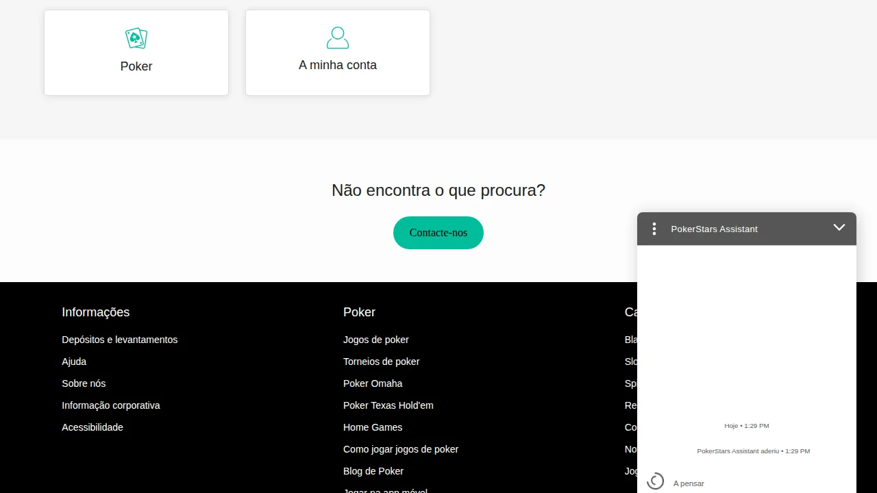 Botão Contacte-nos da PokerStars com a janela do PokerStars Assistant aberta
