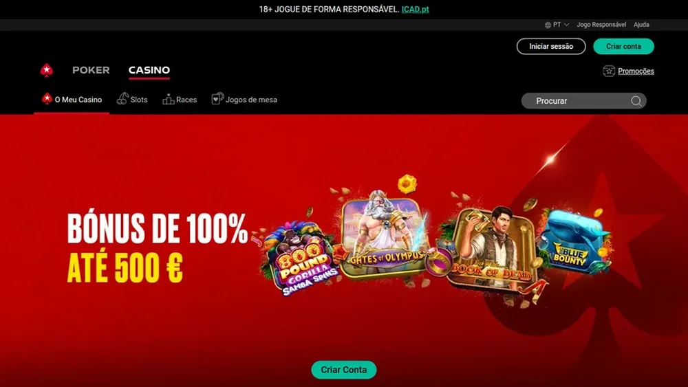 Página do casino PokerStars.pt com a oferta de boas-vindas anunciada: bónus de 100% até 500 €