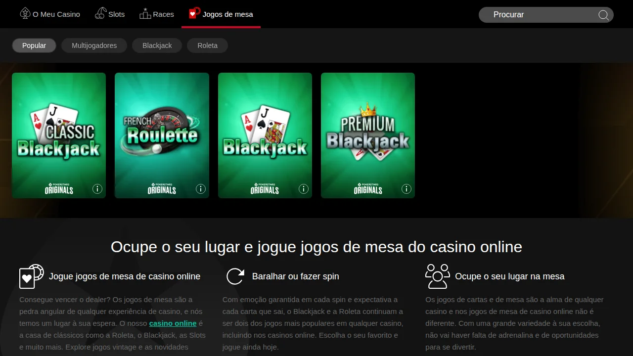 Separador Jogos de mesa da PokerStars com Classic Blackjack, French Roulette, Blackjack e Premium Blackjack