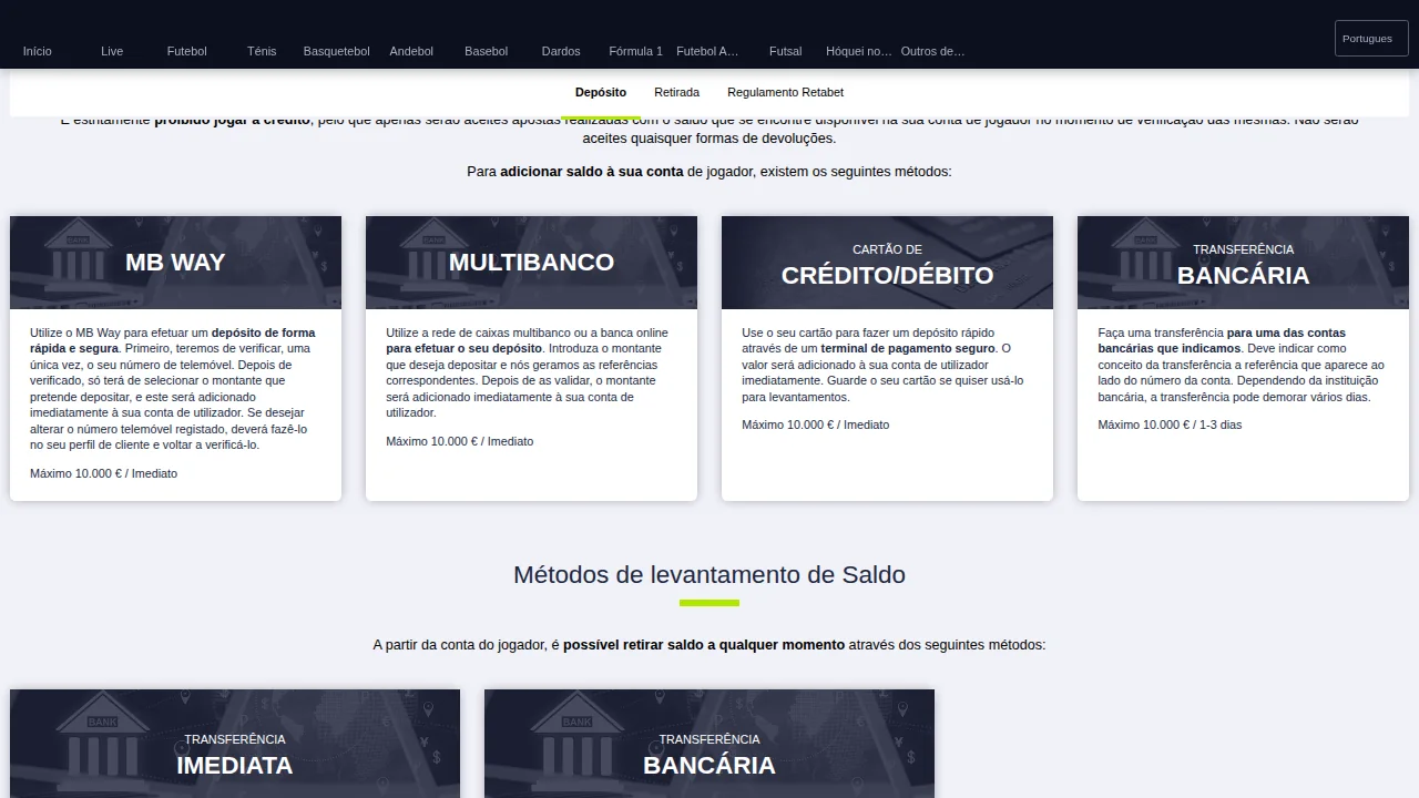 Página de ajuda da Retabet com os métodos de depósito, MB Way, Multibanco, cartão e transferência, até 10.000 €