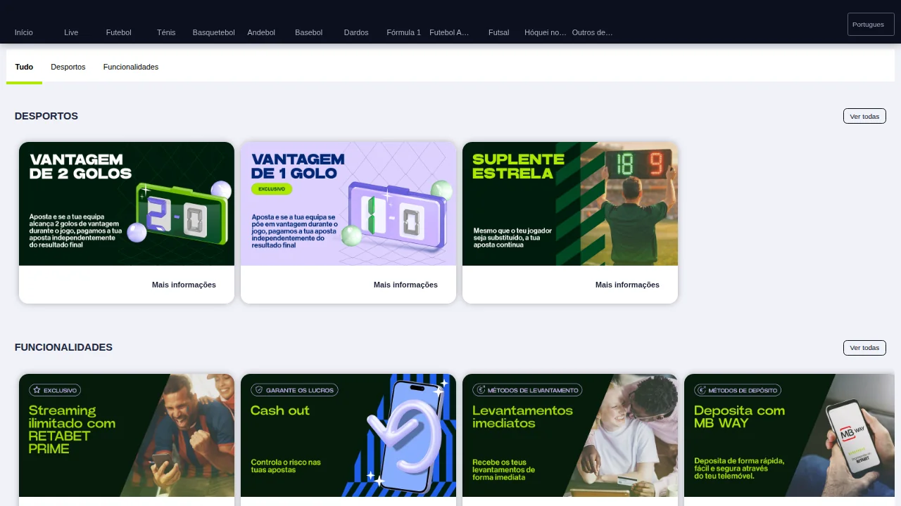 Página de promoções da Retabet: ofertas de futebol em Desportos e serviços em Funcionalidades, sem bónus de casino