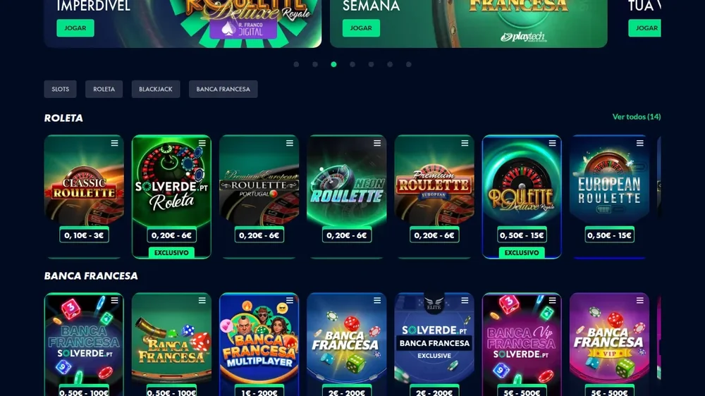 Secção Jogos de Mesa da Solverde.pt com as filas de Roleta e de Banca Francesa e os limites de aposta em euros