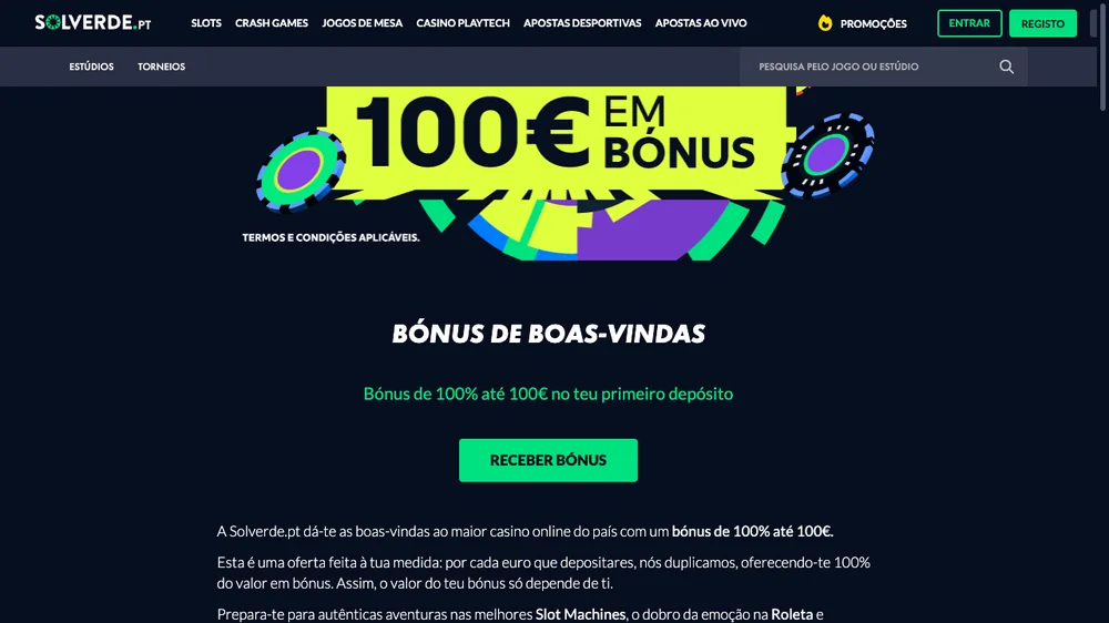 Bónus de boas-vindas da Solverde: 100% até 100 euros no primeiro depósito