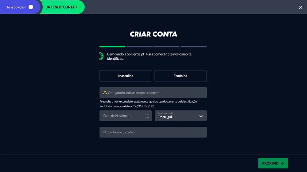 Primeiro passo do formulário de registo da Solverde.pt, com nome, data de nascimento e cartão de cidadão