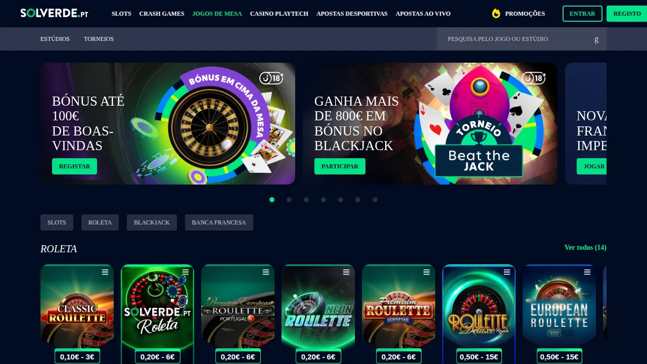 Lobby de jogos de mesa da Solverde.pt com a fila de 14 roletas e os limites de cada uma, de 0,10–3 € a 0,50–15 €