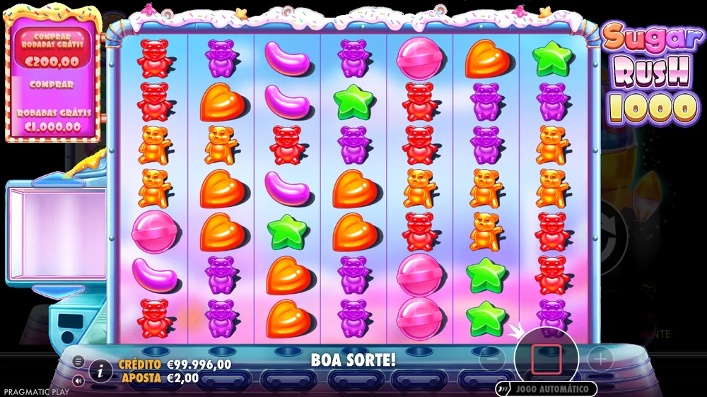 Grelha 7x7 da Sugar Rush 1000 na demo, com as duas opções de compra de rodadas grátis