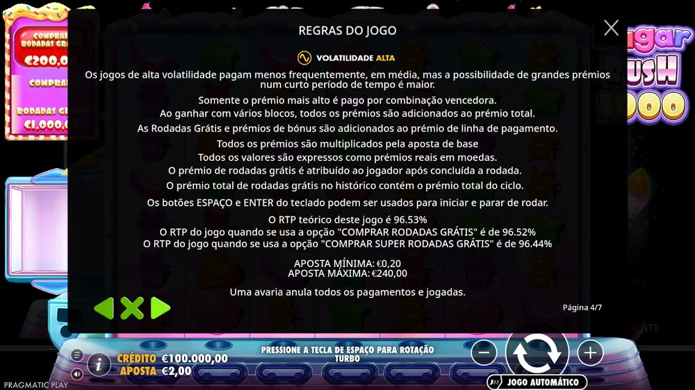 Regras da Sugar Rush 1000: RTP de 96,53% e volatilidade alta