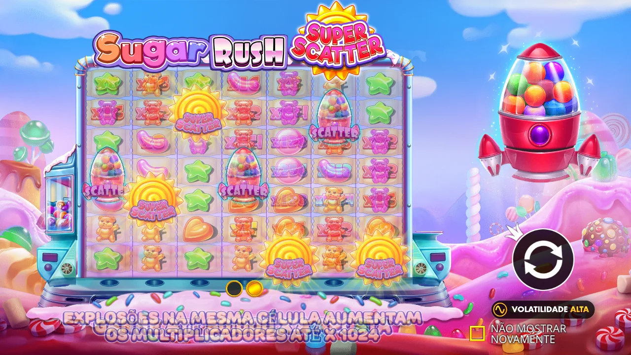 Ecrã de abertura da Sugar Rush Super Scatter: explosões aumentam os multiplicadores até x1024, volatilidade alta