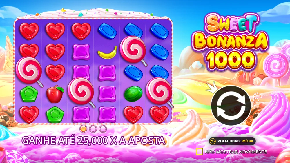 Ecrã de abertura da Sweet Bonanza 1000: ganhe até 25.000 vezes a aposta, volatilidade média