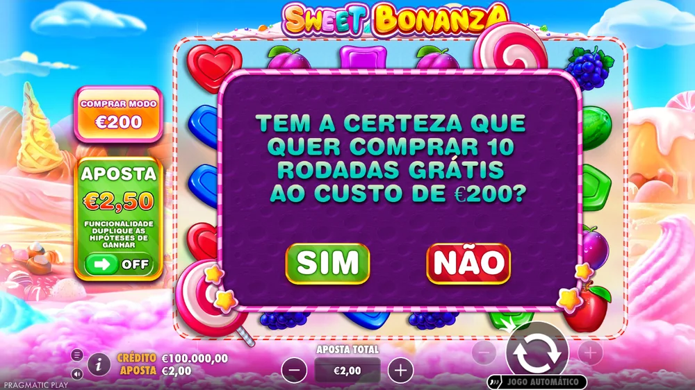 Sweet Bonanza a pedir confirmação para comprar 10 rodadas grátis por 200 euros