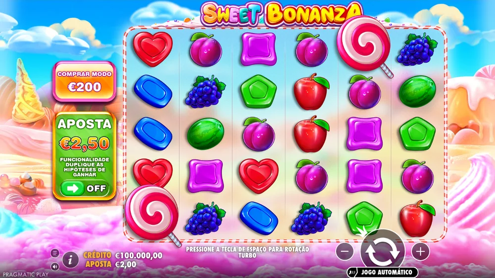 Grelha 6x5 da Sweet Bonanza na demo, com a aposta Ante e a compra de bónus