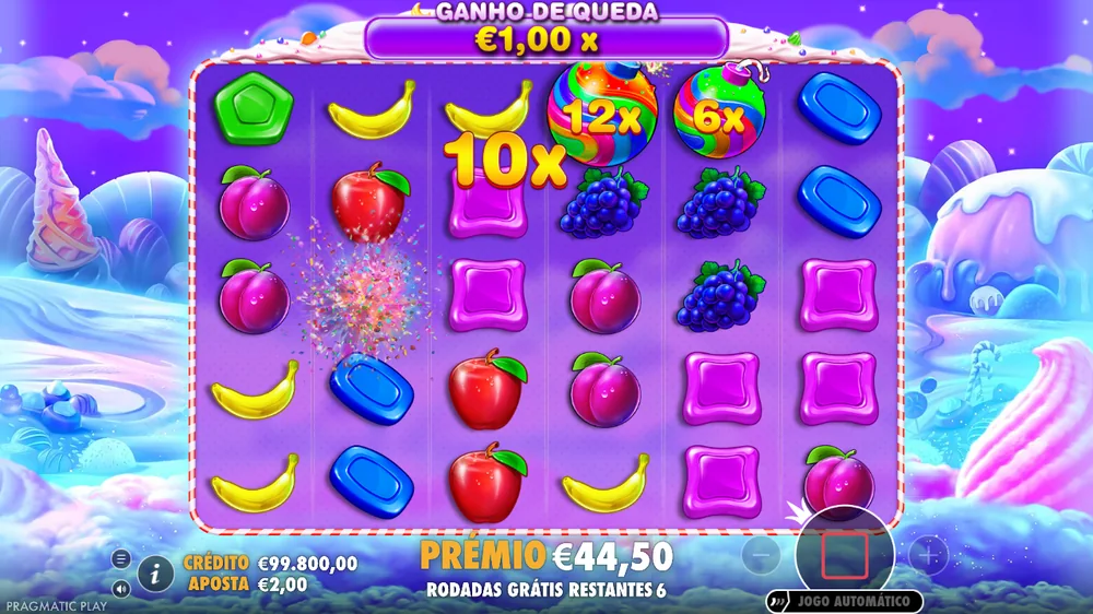 Rodadas grátis da Sweet Bonanza com bombas de 10x, 12x e 6x no ecrã