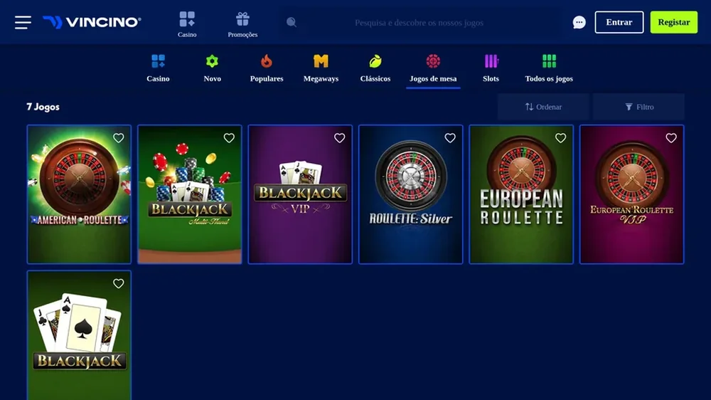 Os sete jogos de mesa da Vincino: roleta americana, roletas de zero único e blackjack