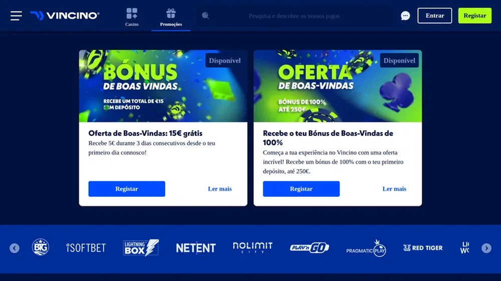 Página de promoções da Vincino com os bónus de 15 € sem depósito e de 100% até 250 €