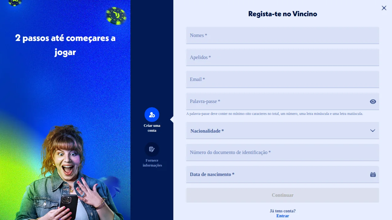 Primeiro passo do registo na Vincino: nome, apelidos, e-mail, palavra-passe, nacionalidade, documento e data de nascimento