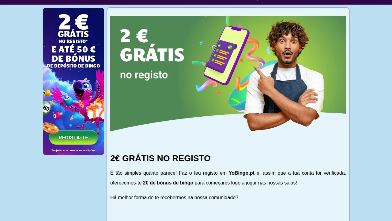 Página da oferta de 2 € grátis no registo da YoBingo, com bónus de bingo após verificar a conta