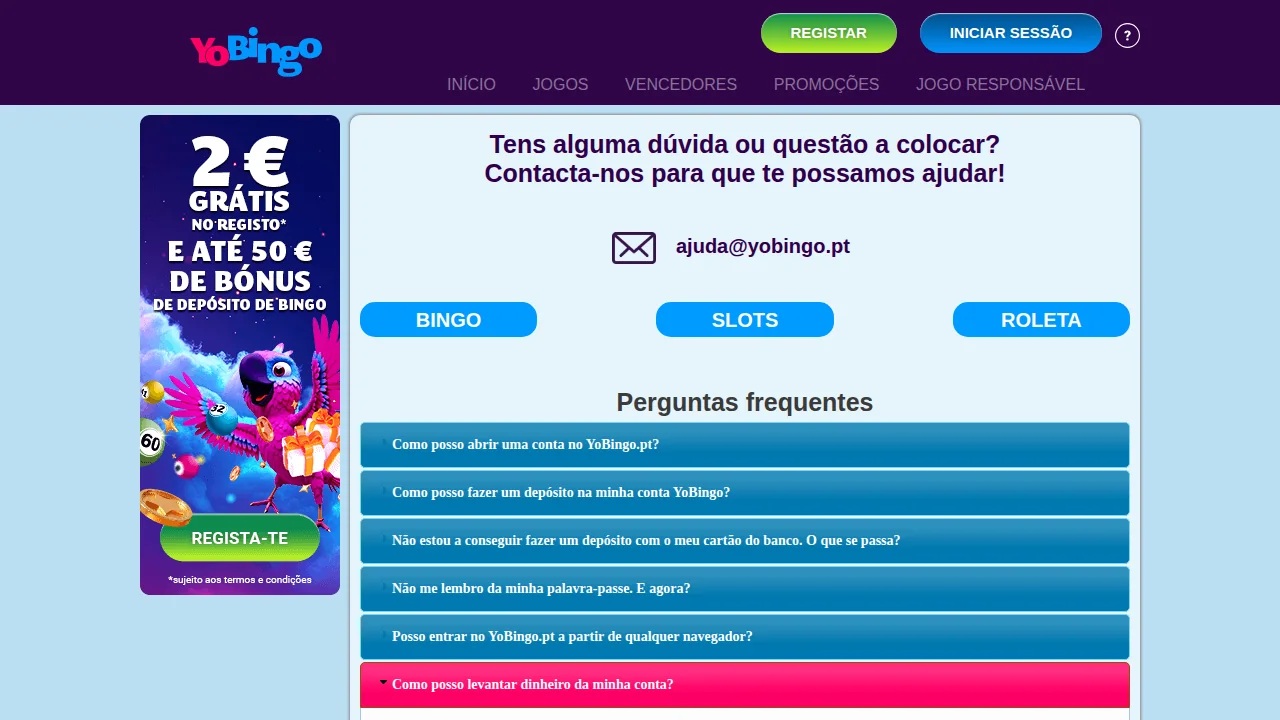 Página de ajuda da YoBingo com o e-mail ajuda@yobingo.pt e as perguntas frequentes sobre levantamentos