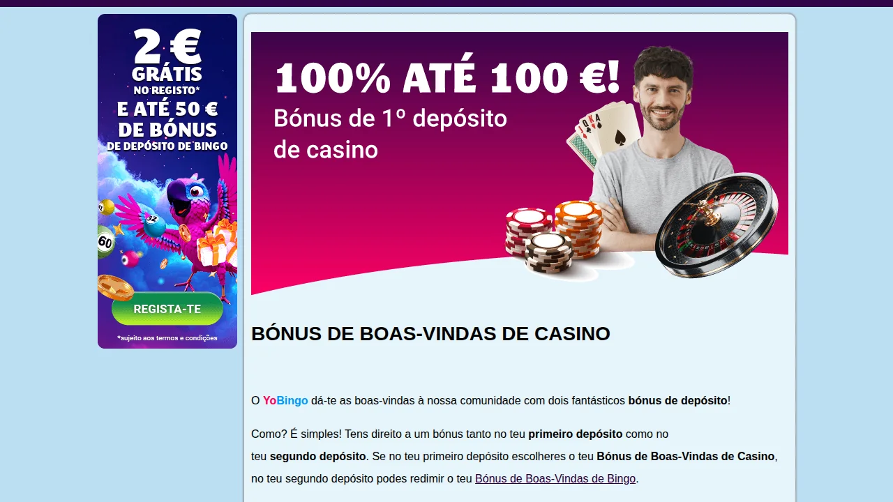 Bónus de boas-vindas de casino da YoBingo: 100% até 100 € no primeiro depósito