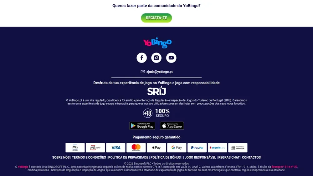 Métodos de pagamento aceites na YoBingo — Multibanco, MB WAY, Visa, PayPal e transferência bancária, licenciado pelo SRIJ