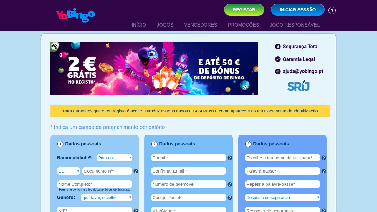 Formulário de registo da YoBingo em três colunas, com NIF, IBAN e aviso para copiar os dados do documento