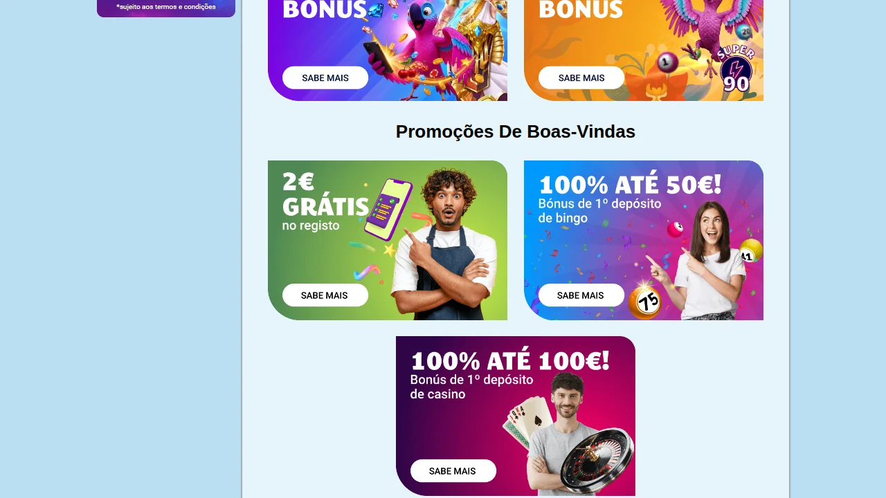 Promoções de boas-vindas da YoBingo: 2 € grátis, 100% até 50 € no bingo e 100% até 100 € no casino