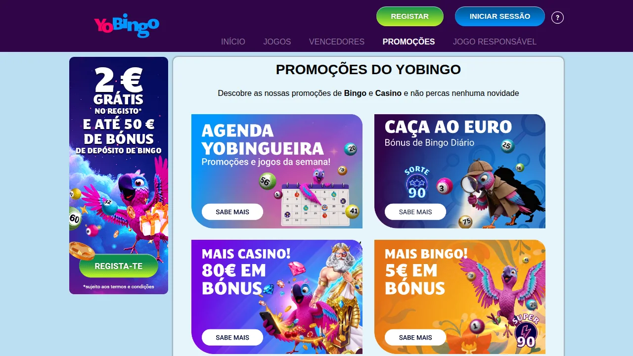 Página de promoções da YoBingo com Agenda YoBingueira, Caça ao Euro, Mais Casino e Mais Bingo