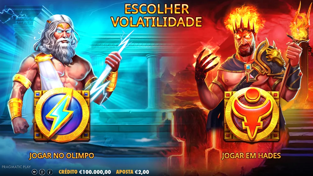 Ecrã inicial da Zeus vs Hades: escolher volatilidade, jogar no Olimpo ou em Hades